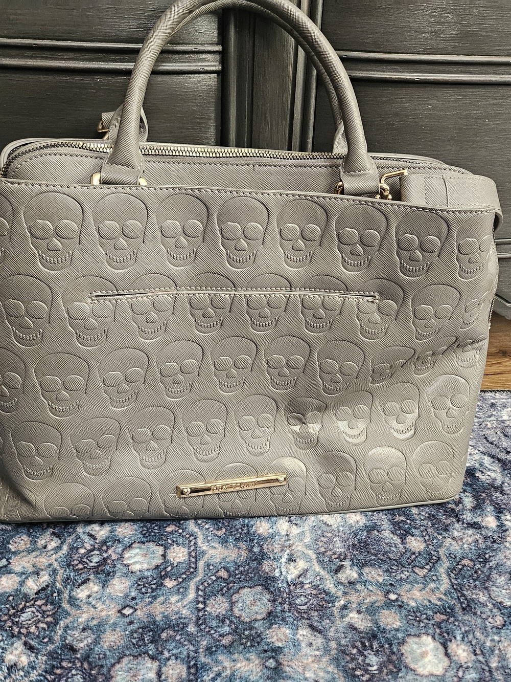 Betsey Johnson- Gray Embossed Skull Tote Bag - Designer Style